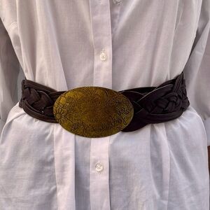 Vintage Billabong Leather Braided Belt with Large Bronze Buckle